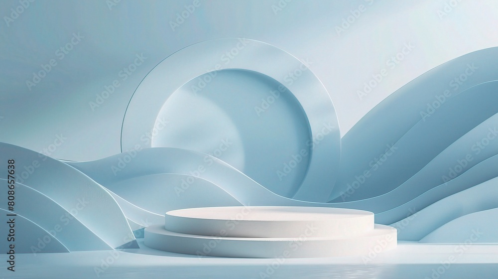 Poster 3d rendering of a minimal scene featuring a podium and abstract background in pastel blue