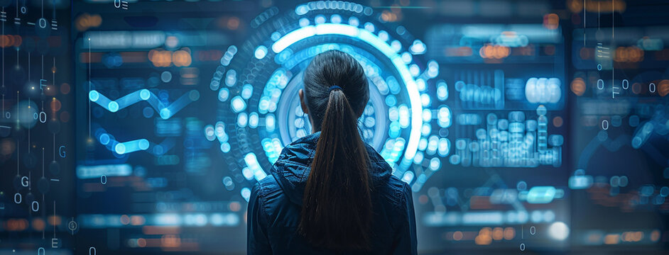 Woman Looking at a Futuristic Glowing Blue Digital HUD Interface Surrounded by Abstract Tech Data and Network Elements
