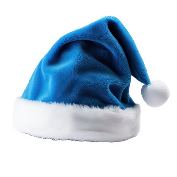 Blue Santa hat with white fur trim.
