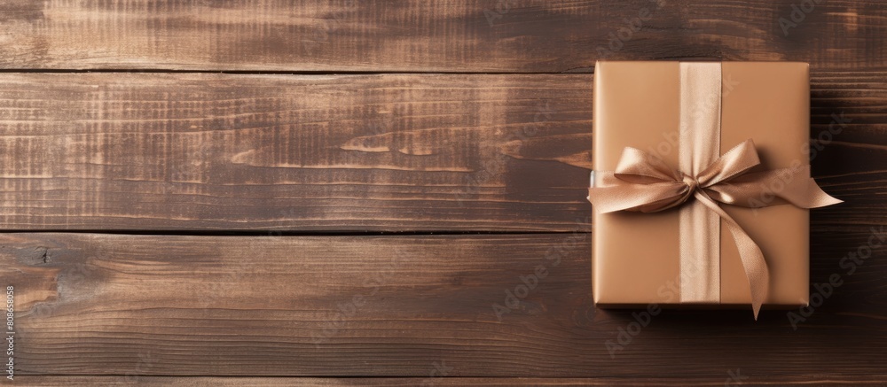 Poster the wood background showcases a brown gift box and notebook with a tag providing ample copy space fo