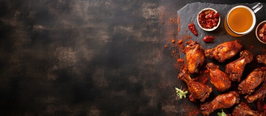 Stone table with a top view of hot barbecue chicken wings covered in sauce and a glass of draft beer Copy space image