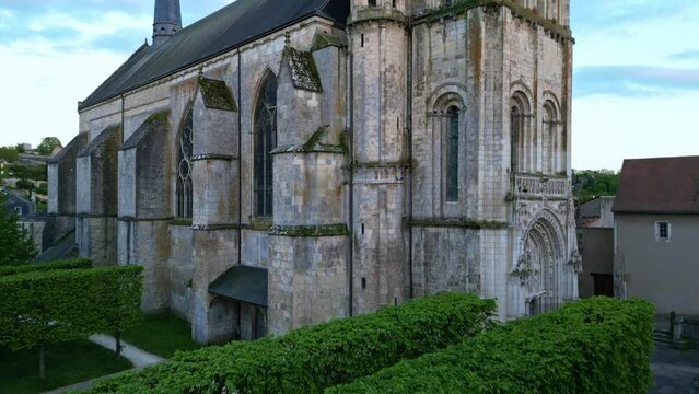 Church of Sainte-Radegonde, Poitiers in France. Aerial pedestal-up reveal and copy space