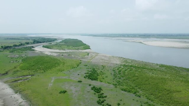 Drone view shot of asian largest river island majuli  Island.