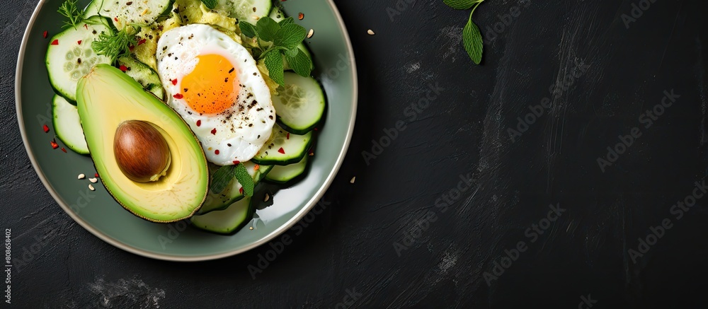 Poster top view of a healthy ketogenic diet breakfast concept featuring zucchini with eggs and avocado with