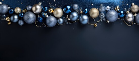 A top view of a creative composition for Christmas and New Year decorations It features blue and silver balls on a dark blue background with copy space for an image