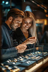 Fototapeta premium Luxury shopping: affluent couple admiring upscale watches in exclusive jewelry boutique.