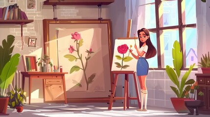 A cartoon illustration of an artist at work, painting a flower on an easel with a pencil and sketchbook. A young woman in teenage clothes holds a pencil and sketchbook with a rose blossom sketch. A