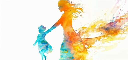 Fototapeta premium A woman and a child are holding hands. The woman is wearing a dress and the child is wearing a blue shirt. The image is colorful and vibrant, with a sense of warmth and love