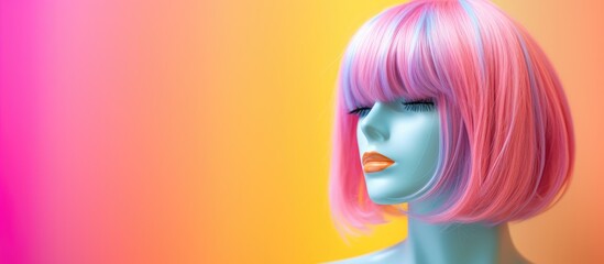 A mannequin wearing a wig designed for women is displayed against a colorful background with ample empty space for copy