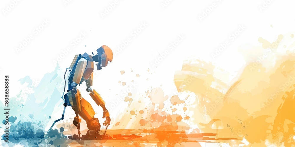 Aufkleber a man in a robot costume is walking through a colorful splash of paint. concept of creativity and pl