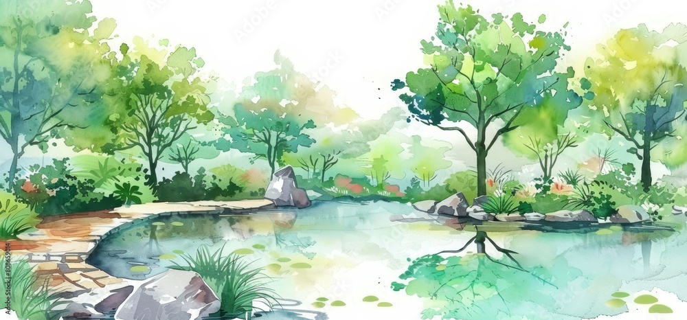 Aufkleber a serene and peaceful scene of a pond with trees and rocks surrounding it. the water is calm and ref
