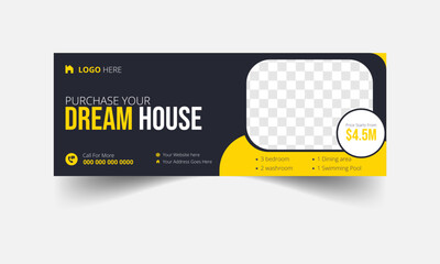 Dream home sale real estate facebook cover and web banner template. Modern abstract flat corporate real estate construction Facebook cover.
