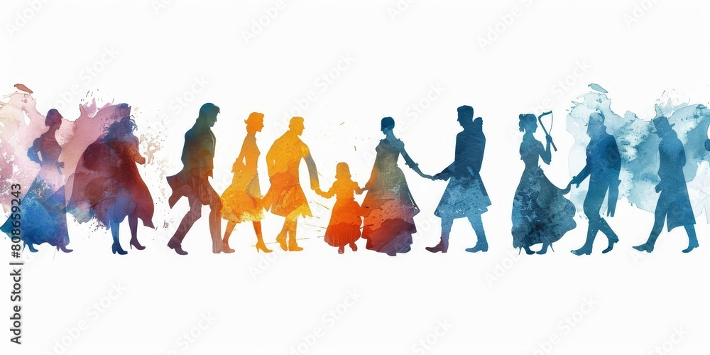 Poster a group of people are walking in a line, with some of them holding hands. concept of unity and toget