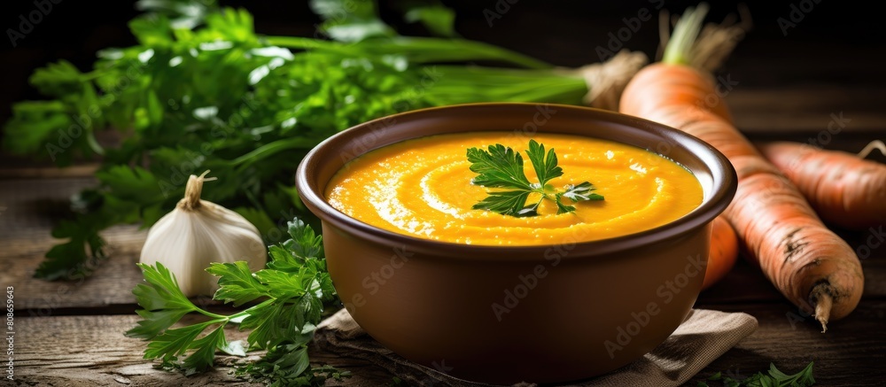 Poster a visually appealing image of carrot soup with creamy texture and a sprinkle of parsley showcased on