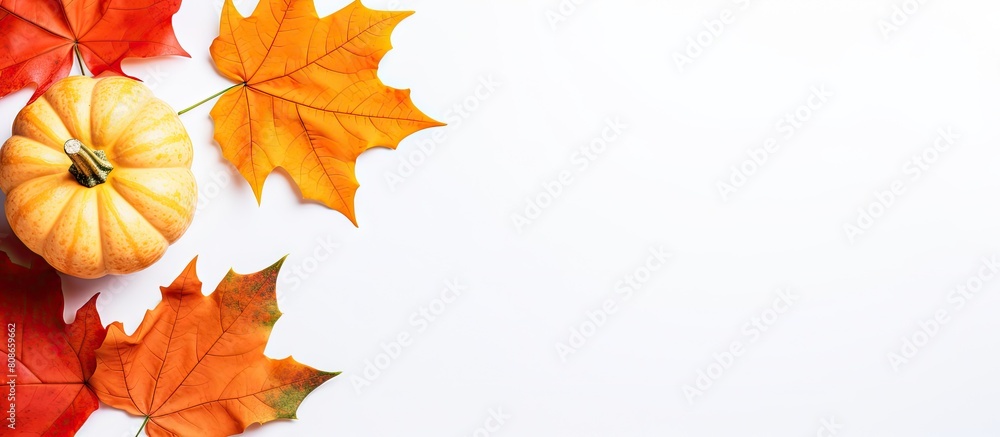 Poster top view copy space image of a pumpkin and leaf creatively arranged on a dual tone white and orange 