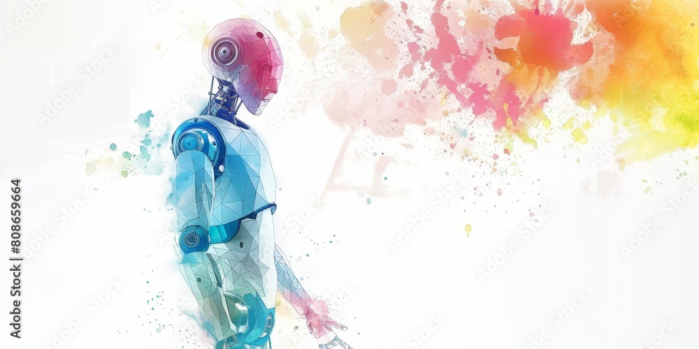 Aufkleber a robot is standing in front of a colorful splash of paint. the robot is wearing a blue suit and has