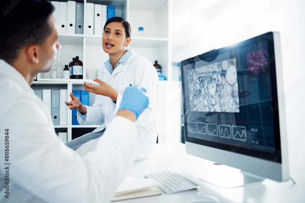 Aufkleber Computer, discussion and team of scientists in laboratory studying microorganisms, dna or particles. Science, technology and pharmaceutical researchers work on medical experiment for rna on desktop.