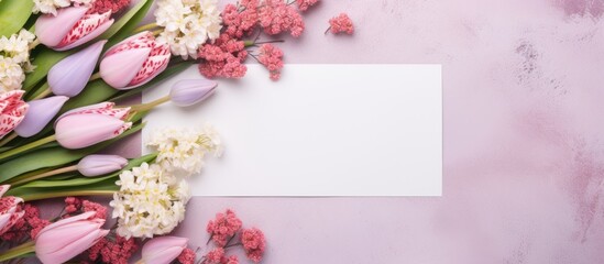 A flat lay image featuring a postcard mockup with a lovely bouquet of spring flowers leaving room for text. Copy space image. Place for adding text and design