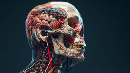 On black background, anatomized skull with skeletal and cardiovascular systems.