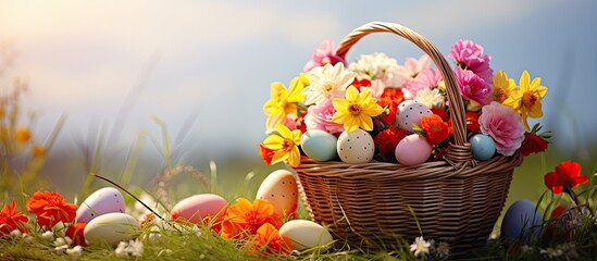 Image of a basket filled with colorful Easter eggs and adorned with beautiful flowers. Copy space image. Place for adding text and design