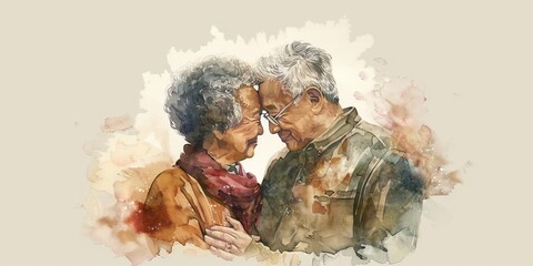 A couple of older people are embracing each other. The woman is wearing a red scarf. The man is wearing glasses