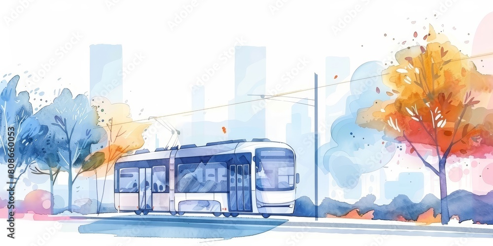 Poster a city street with a bus on it. the bus is on a street with trees and buildings in the background