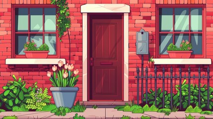 An illustration representing the exterior of a house with a red brick wall, a window, a door, and flowers in pots. Modern illustration depicting the exterior of a residential building in a suburban