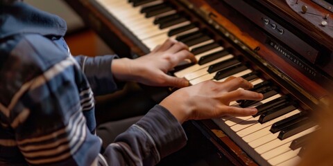 A person is playing the piano with their hands. Concept of focus and concentration as the person...