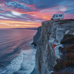 A white RV is parked on a cliff overlooking the ocean