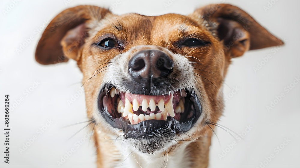 Poster funny dog disgust, denial, disagreement face. don't like that. grins teeth pet. white background