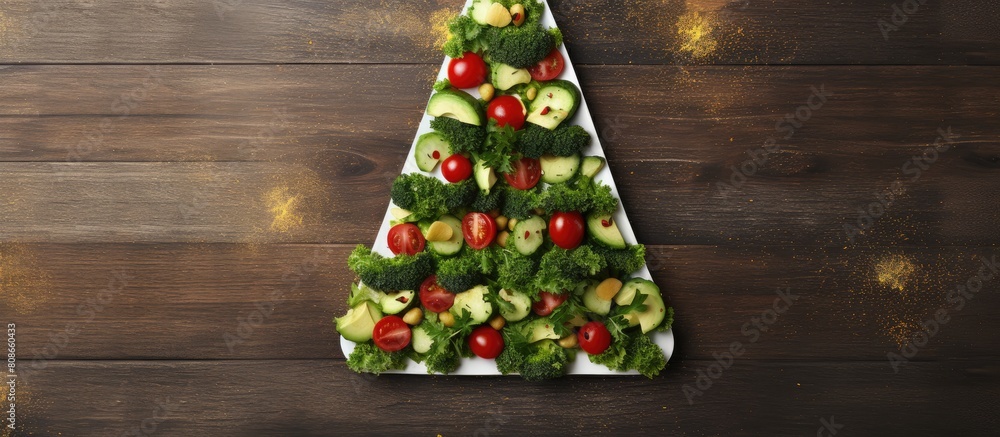 Poster top view of a christmas tree made from a salad olivier placed on a white wooden table the image incl