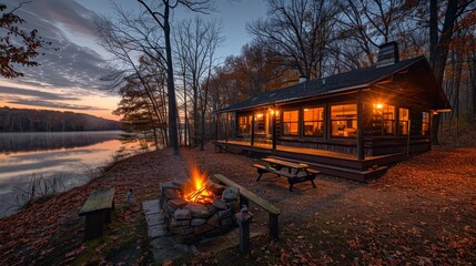 A cabin with a fireplace and two chairs by a lake