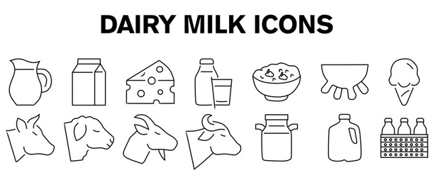Fototapeta premium Dairy and milk products editable stroke outline icons set isolated on white background flat vector illustration.