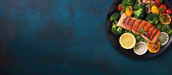 A healthy keto fish dish consisting of salmon cutlets served on a blue plate The dish is accompanied by a mix of vegetables including broccoli and cauliflower and is presented on a stone table This c