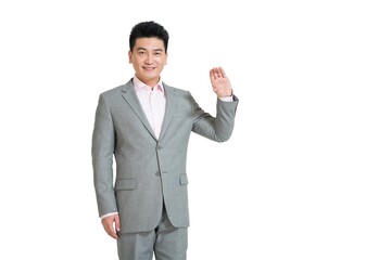 Shed middle-aged business man do gestures