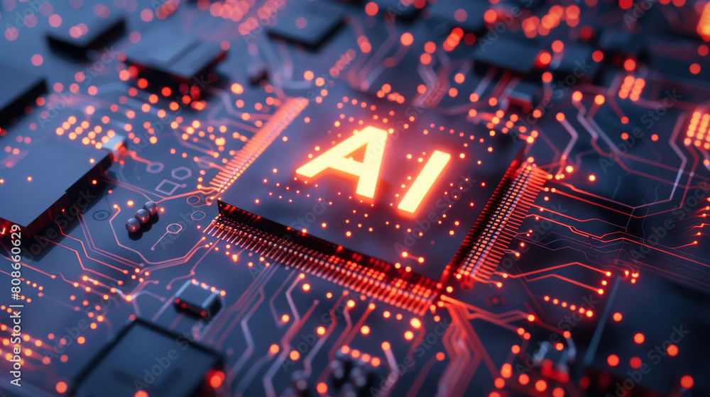 Poster abstract futuristic ai chip on a circuit board background, high tech and artificial intelligence con