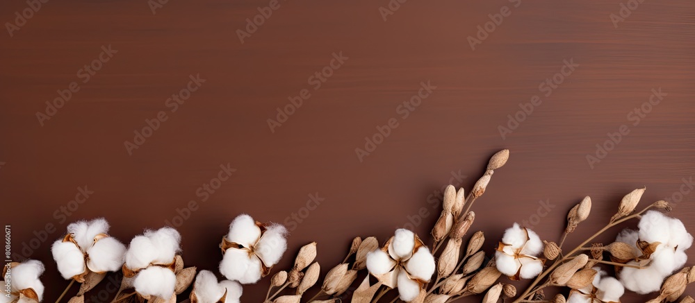 Poster copy space image featuring a brown background adorned with cotton flowers in a flat lay composition 
