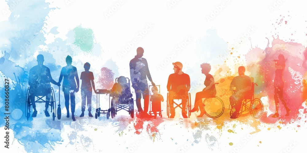 Poster a group of people with wheelchairs and walkers are walking together. concept of unity and support fo
