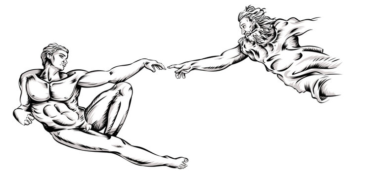 The Creation of Adam. Vector illustration. hand drawn on white background