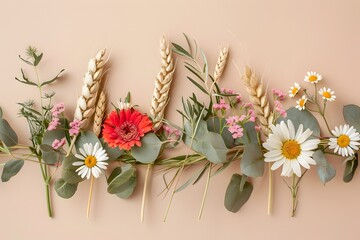 Obraz premium Artfully Crafted Garland of Wheat Eucalyptus and Daisies on Neutral Beige Background