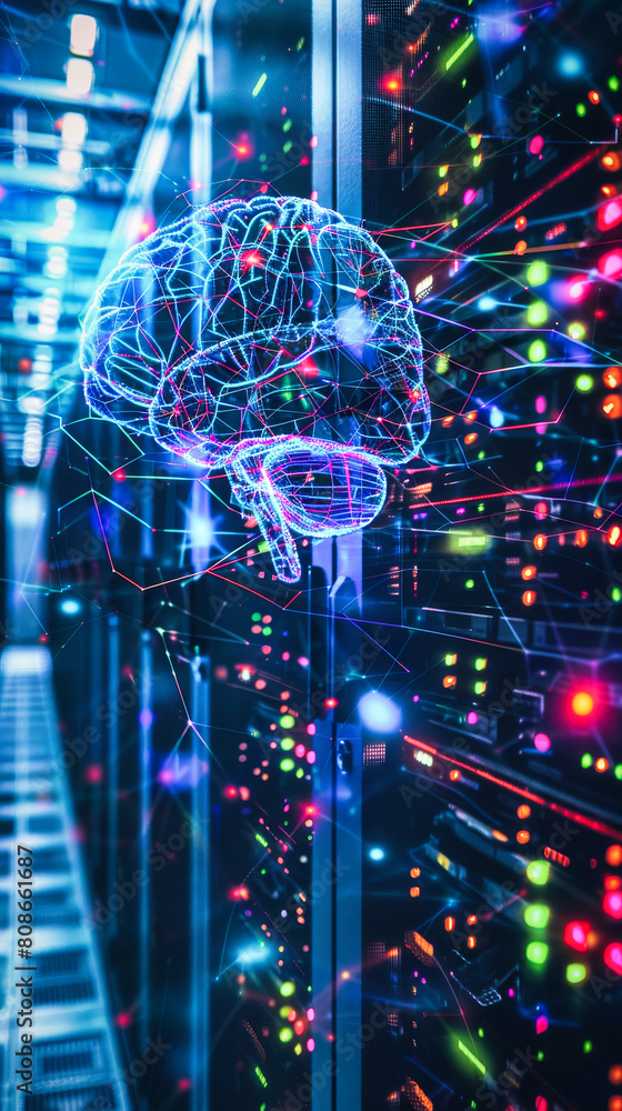 Poster a brain suspended in the middle of the server room. concept of artificial intelligence and machine l