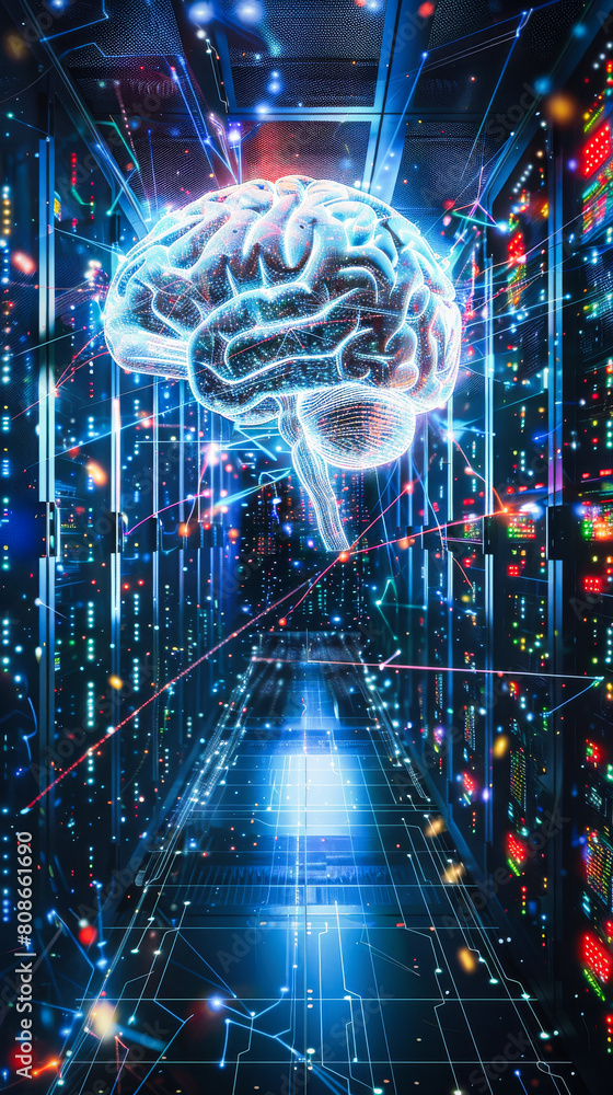 Aufkleber a brain suspended in the middle of the server room. concept of artificial intelligence and machine l