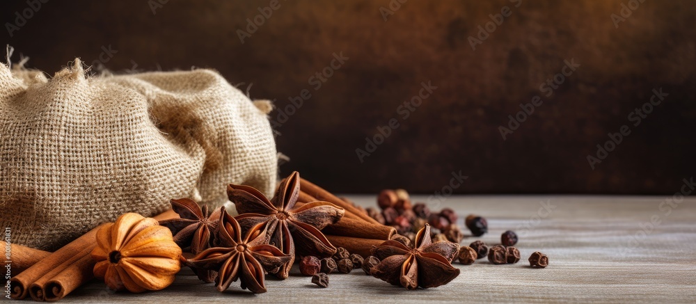 Poster the copy space image features a rustic setting with aromatic spices like cinnamon and star anise bea