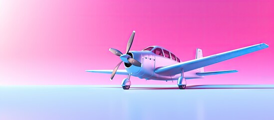 Copy space image of a small airplane with a soft blue light set against a vibrant pink background