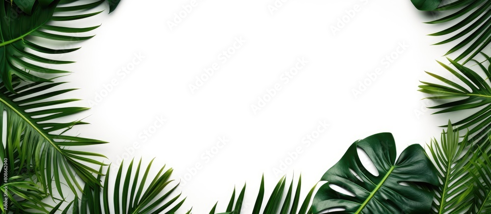Poster top view of tropical palm leaves frame isolated on a white background the composition provides a cop