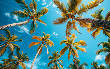Obraz premium Blue sky and palm trees, view from below, vintage style, tropical beach and summer background