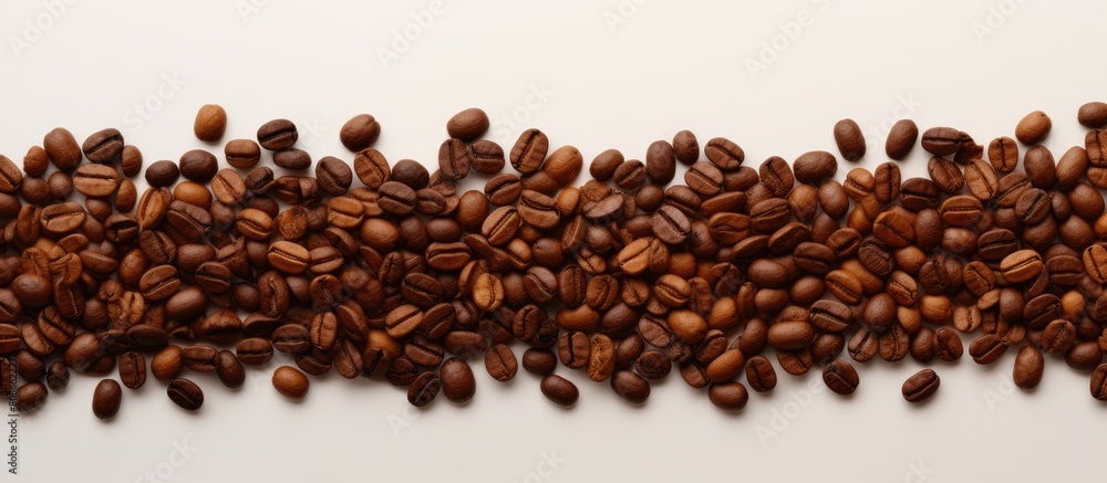 Aufkleber top view of roasted coffee beans scattered on a beige background creating a copy space image