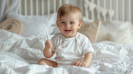 Fototapeta premium Portrait of a happy smiling baby boy sitting on a white bed at home with a toothbrush. A cute funny child is brushing his teeth and looking at the camera.