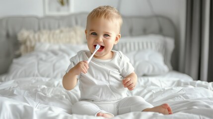 Fototapeta premium Portrait of a happy smiling baby boy sitting on a white bed at home with a toothbrush. A cute funny child is brushing his teeth and looking at the camera.