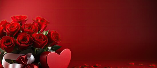 A monochromatic intense red Valentine background with a heart shaped box and a bouquet of red roses on a red background Perfect for a copy space image
